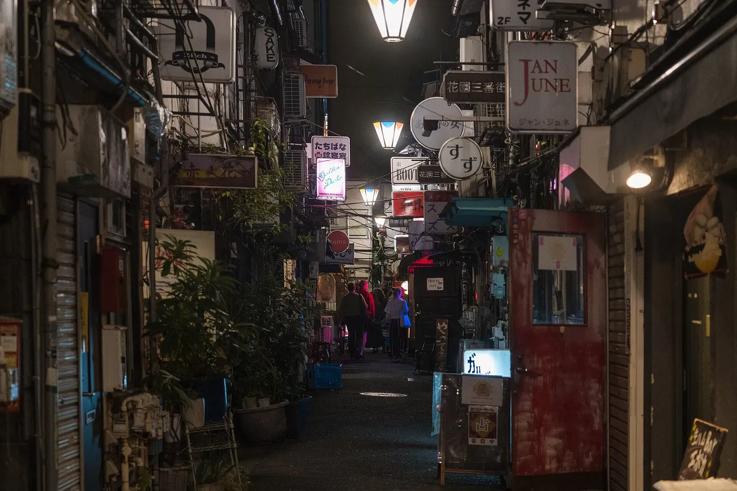夜晚的新宿Golden Gai一条狭窄、挂满灯笼的小巷,两侧密集挂着小酒吧的招牌