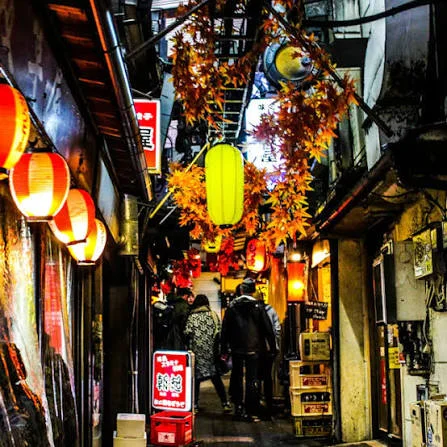 Traditional Tokyo izakaya alley with glowing lanterns