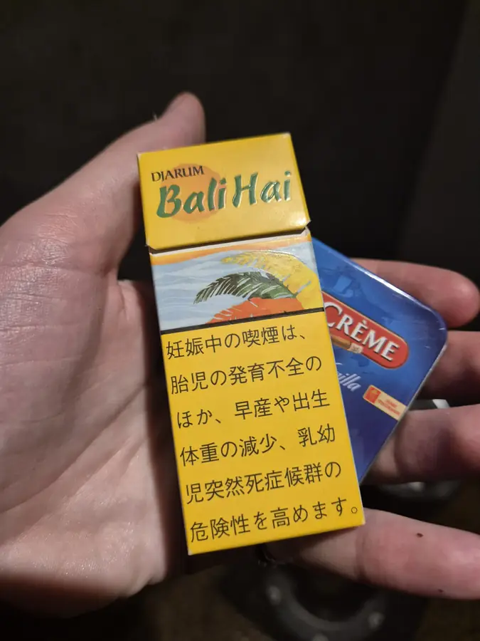 Bali Hai rare kretek clove cigarettes and a metal tin of Café Crème matches — KONYA Tobacco House, Kushiro, Hokkaido